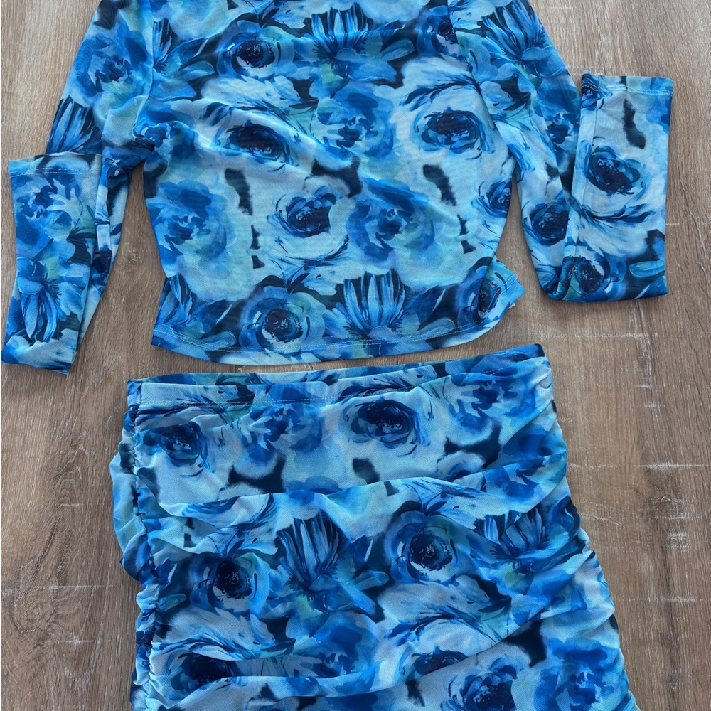 Blue Floral Long Sleeve Top and Skirt Set